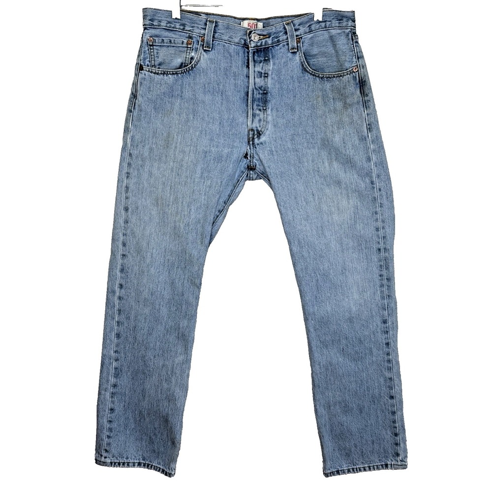 Levi's 501 Button Fly Jeans Mens Sz 34x30 Light Wash Red‎ Tab Straight Leg FLAWS